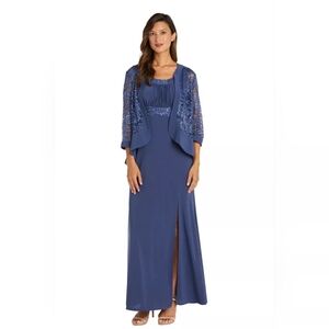 R&M Richards Women's 2 Piece Ruffled Lace Jacket Long Dress Size 14 Blue